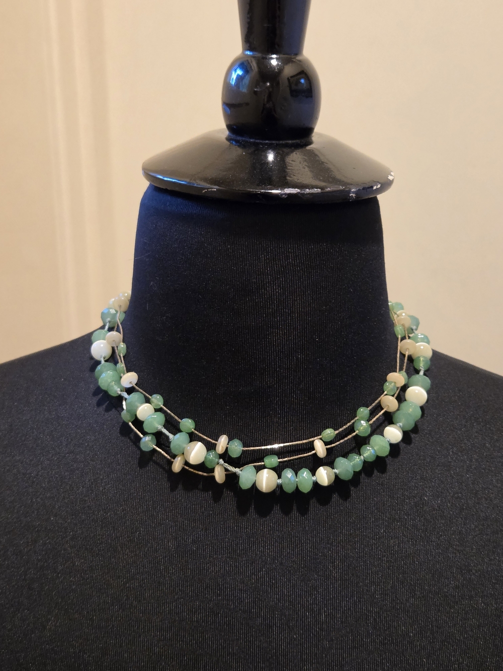 Vintage Liz Clabourn 16" Necklace Tri String Of Glass Beads -Cream And Sea Green